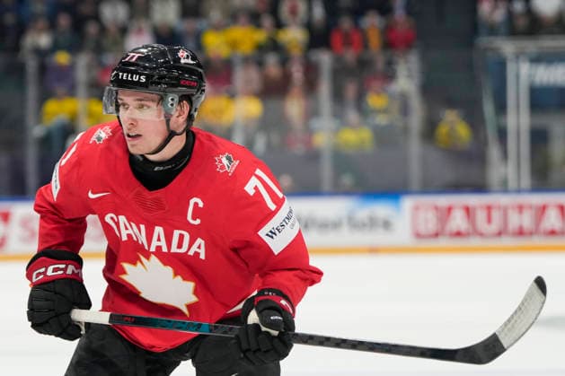 FRIBOURG, SWITZERLAND - MAY 15: Macklin Celebrini of Canada in action during the 2026 IIHF Ice hockey, Eishockey World Championship, WM, Weltmeisterschaft Switzerland game between Canada and Sweden at BCF Arena on May 15, 2026 in Fribourg, Fribourg. Fribourg BCF Arena Fribourg Switzerland Copyright: xJustPictures.ch JarixPestelaccix jp-en-EuSpIm-JP6_JAR_Canada_Sweden_15May2026_00219