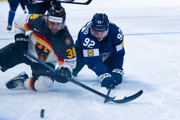 ZURICH, SWITZERLAND - MAY 15: Fabio Wagner (Germany, 38) in a duel against Lenni Haemeenaho (Finland, 92) during the Preliminary Round - Group A Match 1 between Finland and Germany at the IIHF Ice hockey, Eishockey World Championship, WM, Weltmeisterschaft 2026, Swiss Life Arena on May 15, 2026 in Zurich, Switzerland. Zurich Switzerland Copyright: xTimoxSteinx