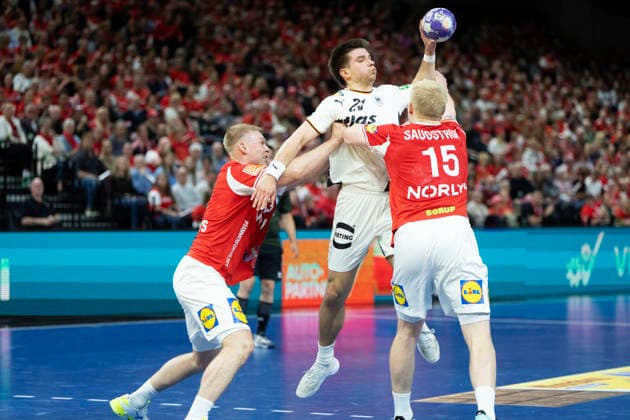 Men s Handball: Denmark - Germany Germany s Renars Uscins and Denmark s Magnus Saugstrup The Danish handball men face Germany in a test match in Copenhagen on Friday, May 15, 2026. (Photo: Claus Bech Ritzau Scanpix) , Copenhagen Denmark