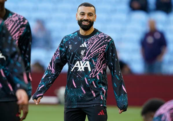 Birmingham, England, 15th May 2026. Mohamed Salah of Liverpool warms up during the Aston Villa vs Liverpool Premier League match at Villa Park, Birmingham. Picture credit should read: Andrew Yates Sportimage EDITORIAL USE ONLY. No use with unauthorised audio, video, data, fixture lists, club league logos or live services. Online in-match use limited to 120 images, no video emulation. No use in betting, games or single club league player publications. SPI_005_AY_ASTON_VILLA_LIVERPOOL SPI-4802-0006