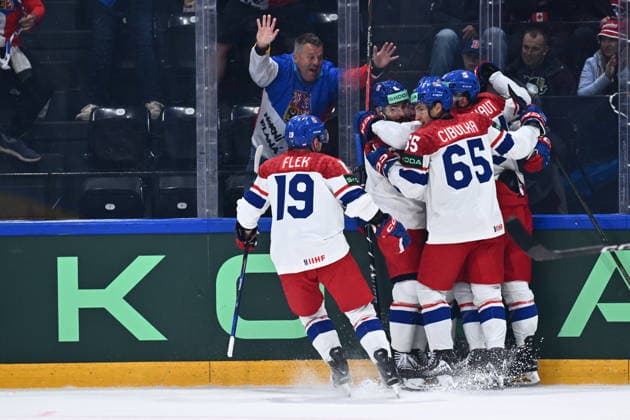 Czech players celebrate a goal during the IIHF World Championship, WM, Weltmeisterschaft Group B match Czech Republic vs Denmark on May 15, 2026, Fribourg, Switzerland. (CTKxPhoto RadekxPetrasek) CTKPhotoP2026051508161  CTKPhotoP2026051508161