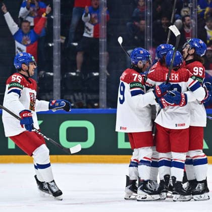 Czech players celebrate a goal during the IIHF World Championship, WM, Weltmeisterschaft Group B match Czech Republic vs Denmark on May 15, 2026, Fribourg, Switzerland. (CTKxPhoto RadekxPetrasek) CTKPhotoP2026051508181  CTKPhotoP2026051508181