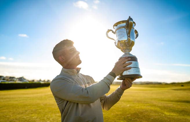 REPRO FREE *PRESS RELEASE NO REPRODUCTION FEE* EDITORIAL USE ONLY North of Ireland Men s Amateur Open, Royal Portrush Golf Club, Portrush 15 5 2026 Dylan Keating celebrates with the North of Ireland Men s Amateur Open Cup Dylan Keating celebrates with the North of Ireland Men s Amateur Open Cup 15 5 2026  Copyright: x INPHO NickxElliottx ne-1-11