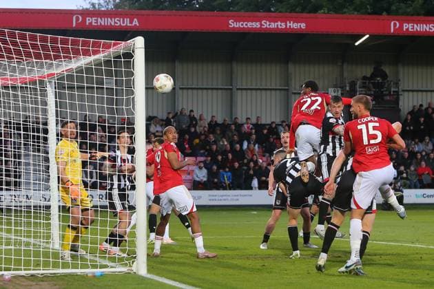 Adebola Oluwo of Salford City heads on to the post Salford City v Grimsby Town, EFL Sky Bet League Two, Play-Off Semi Final, Second Leg, Football, Peninsula Stadium, Salford, UK - 15 May 2026Salford Peninsula Stadium United Kingdom EDITORIAL USE ONLY No use with unauthorised audio, video, data, fixture lists, club league logos or live services. Online in-match use limited to 120 images, no video emulation. No use in betting, games or single club league player publications. Copyright: xPhilxOldham Shutterstockx 16876824ae