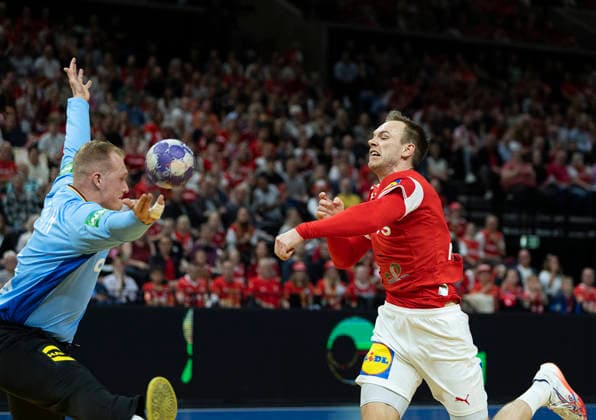 Men s Handball: Denmark - Germany Germany s David Späth and Denmark s Mathias Gidsel. The Danish handball men face Germany in a test match in Copenhagen on Friday, May 15, 2026. (Photo: Claus Bech Ritzau Scanpix) , Copenhagen Denmark