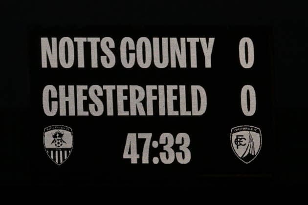 Notts County v Chesterfield, EFL Sky Bet League 2, Play Off Second Leg The half time score during the EFL Sky Bet League 2 Play Off Second Leg match between Notts County and Chesterfield at Meadow Lane, Nottingham, UK on 15 May 2026. Nottingham Meadow Lane Nottinghamshire UK Editorial use only DataCo restrictions apply See www.football-dataco.com , Copyright: xDennisxGoodwinx PSI-24254-0036
