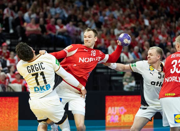 Men s Handball: Denmark - Germany Germany s Marko Grgic and Justus Fisher and Denmark s Mathias Gidsel. The Danish men s handball team faces Germany in a test match in Copenhagen on Friday, May 15, 2026. (Photo: Claus Bech Ritzau Scanpix) , Copenhagen Denmark