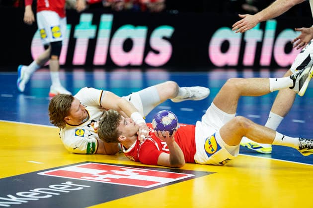 Men s Handball: Denmark - Germany Germany s Tom Kiesler and Denmark s Victor Norlyk. The Danish handball men meet Germany in a test match in Copenhagen on Friday, May 15, 2026. (Photo: Claus Bech Ritzau Scanpix) , Copenhagen Denmark