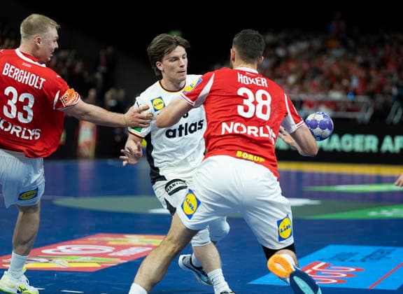 Men s Handball: Denmark - Germany Germany s Nils Lichtlein and Denmark s Emil Siersbaek Bergholt and Mads Hoxer Hangaard. The Danish handball men face Germany in a test match in Copenhagen on Friday, May 15, 2026. (Photo: Claus Bech Ritzau Scanpix) , Copenhagen Denmark