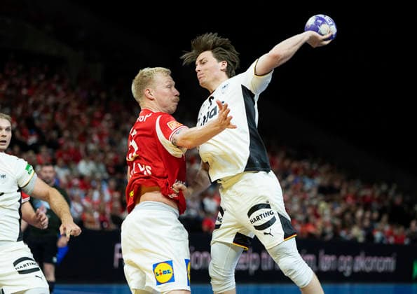 Men s Handball: Denmark - Germany Denmark s Magnus Saugstrup and Germany s Nils Lichtlein. The Danish handball men face Germany in a test match in Copenhagen on Friday, May 15, 2026. (Photo: Claus Bech Ritzau Scanpix) , Copenhagen Denmark