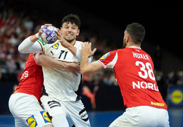 Men s Handball: Denmark - Germany Germany s Marko Grgic and Denmark s Mads Hoxer Hangaard. The Danish handball men meet Germany in a test match in Copenhagen on Friday, May 15, 2026. (Photo: Claus Bech Ritzau Scanpix) , Copenhagen Denmark