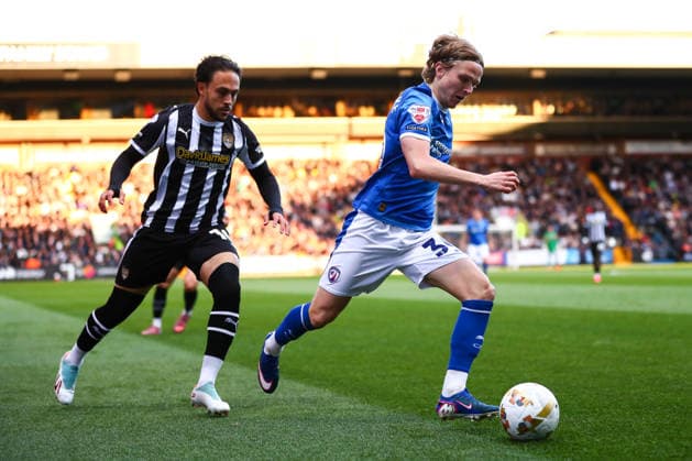 Nottingham, England, 15th May 2026. Sammy Braybrooke of Chesterfield skips past Jodi Jones of Notts County during the Notts County vs Chesterfield Sky Bet League 2 match at Meadow Lane, Nottingham. Picture credit should read: Jake Youle Sportimage EDITORIAL USE ONLY. No use with unauthorised audio, video, data, fixture lists, club league logos or live services. Online in-match use limited to 120 images, no video emulation. No use in betting, games or single club league player publications. SPI_013_JY_Notts_County_Chesterfield SPI-4814-0013