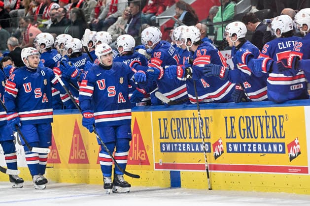 ZURICH, SWITZERLAND - MAY 15: Alex Steeves of United States celebrates his goal during the 2026 IIHF Ice hockey, Eishockey World Championship, WM, Weltmeisterschaft Switzerland game between USA and Switzerland at Swiss Life Arena on May 15, 2026 in Zurich, Zurich. Zurich Swiss Life Arena Zurich Switzerland Copyright: xJustPictures.ch AndreaxBrancax jp-en-EuSpIm-JP7_ANB_US_Sui_15052026_0239