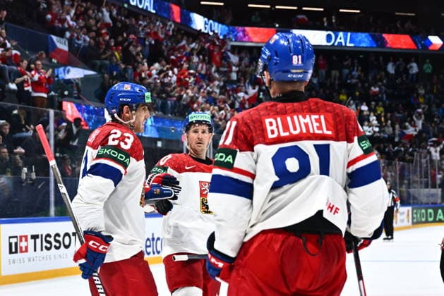 From left Lukas Sedlak, Roman Cervenka and Matej Blumel of Czech Republic celebrate a goal during the IIHF World Championship, WM, Weltmeisterschaft Group B match Czech Republic vs Denmark on May 15, 2026, Fribourg, Switzerland. (CTKxPhoto RadekxPetrasek) CTKPhotoP2026051509193  CTKPhotoP2026051509193
