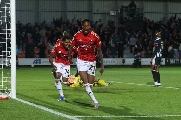 Kallum Cesay of Salford City celebrates scoring their sides second goal Salford City v Grimsby Town, EFL Sky Bet League Two, Play-Off Semi Final, Second Leg, Football, Peninsula Stadium, Salford, UK - 15 May 2026Salford Peninsula Stadium United Kingdom EDITORIAL USE ONLY No use with unauthorised audio, video, data, fixture lists, club league logos or live services. Online in-match use limited to 120 images, no video emulation. No use in betting, games or single club league player publications. Copyright: xPhilxOldham Shutterstockx 16876824bi