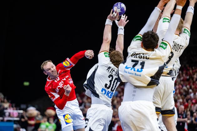 Denmark v Germany, International handball friendly, Copenhagen, Denmark Copenhagen, Denmark. 15th, May 2026. Mathias Gidsel (19) of Denmark and Tom Kiesler (30) of Germany seen during a test match between Denmark and Germany at Royal Arena in Copenhagen. Denmark, Copenhagen  Copyright: xGonzalesxPhoto TobiasxJorgensenx