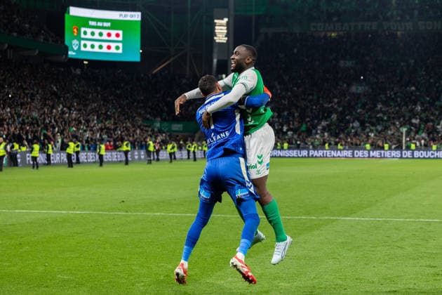 FOOTBALL : AS ST Etienne vs Rodez - Ligue 2 BKT barrage - 15 05 2026 Nade Mickael 3 of Saint-Etienne celebrates with Maubleu Brice 1 of Saint-Etienne after scoring the winning penalty during the Ligue 2 playoff game between AS Saint-Etienne and Rodez Aveyron Football at Stadium Geoffroy Guichard in Saint-Etienne, France. Saint-EtienneFrance  Copyright: xPaulinexFIGUETx xPSNewZx
