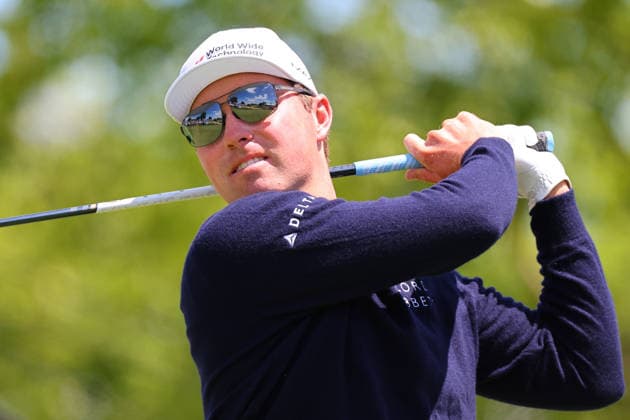 NEWTON SQUARE, PA - MAY 15: Ben Griffin of the United States tees off at the tenth tee during Round 2 of the 2026 PGA, Golf Herren Championship on May 15, 2026 at Aronimink Golf Club in Newtown Square, Pennsylvania. (Photo by Rich Graessle Icon Sportswire) GOLF: MAY 15 PGA PGA Championship EDITORIAL USE ONLY Icon260515256562