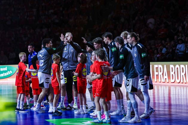 15.05.2026, xIAJx, Handball, Länderspiel, Testspiel, Dänemark - Deutschland, Royal Arena Kopenhagen: Renars Uscins (Deutschland 23) David Späth (Deutschland 1) Nils Lichtlein (Deutschland 3) Miro Schluroff (Deutschland 5) Juri Knorr (Deutschland 15) Dänemark