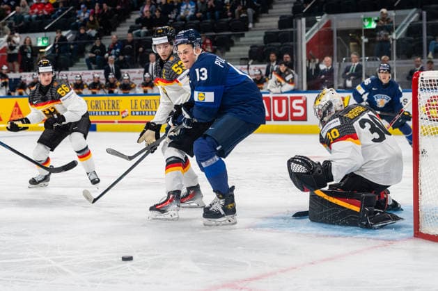 xxkeikkaxx 20260515 Swiss Life Arena, Zurich, Switzerland. IIHF Ice hockey, Eishockey World Championships match Finland vs Germany Jesse Puljujärvi (13) of Team Finland Philipp Grubauer (30) of Team Germany Moritz Seider (53) of Team Germany Photo by Pasi Suokko All Over Press  1.06181890