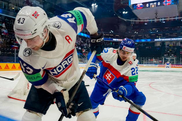 FRIBOURG, SWITZERLAND - MAY 16: Kristian Pospisil of Slovakia R) against Max Krogdahl of Norway L) during the 2026 IIHF Ice hockey, Eishockey World Championship, WM, Weltmeisterschaft Switzerland game between Slovakia and Norway at BCF Arena on May 16, 2026 in Fribourg, Fribourg. Fribourg BCF Arena Fribourg Switzerland Copyright: xJustPictures.ch JarixPestelaccix jp-en-EuSpIm-JP6_JAR_Slovakia_Norway_16May2026_00001