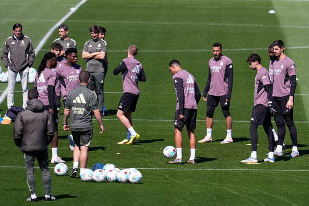 May 16, 2026, Valdebebas, Madrid, Spain: Kylian Mbappe, Thibaut Courtois and Aurelien Tchouameni during the training day of Real Madrid ahead the Spanish League, LaLiga EA Sports, football match against Sevilla FC at Ciudad Deportiva Real Madrid on May 16, 2026, in Valdebebas, Madrid, Spain. Real Madrid Training Session - Laliga Ea Sports - ZUMAa181 20260516_zaa_a181_078 Copyright: xDennisxAgyemanx
