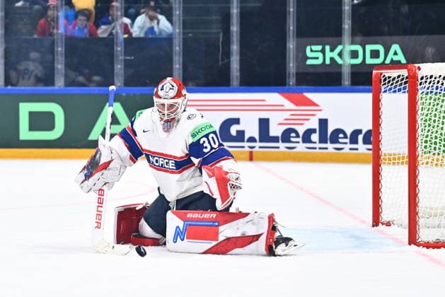 Goalkeeper Tobias Normann (NOR) in action during the 2026 IIHF World Championship, WM, Weltmeisterschaft Group B, match Slovakia vs Norway, on May 16, 2026, Fribourg, Switzerland. (CTKxPhoto RadekxPetrasek) CTKPhotoP2026051602593  CTKPhotoP2026051602593