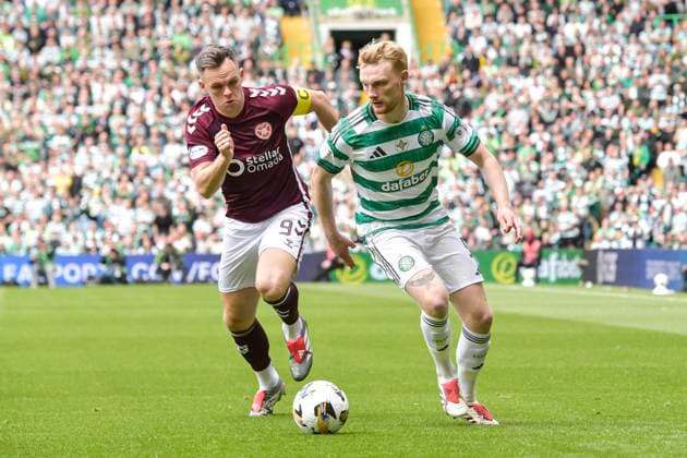 Celtic v Heart of Midlothian William Hill Premiership Liam Scales of Celtic and Lawrence Shankland of Heart of Midlothian during the William Hill Premiership match at Celtic Park, Glasgow 16 05 2026 UK Newspapers OUT Copyright: xJamiexJohnstonx FIL-23440-0055
