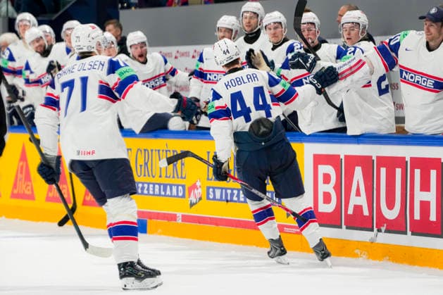 FRIBOURG, SWITZERLAND - MAY 16: Tinus Luc Koblar of Norway R) celebrates his goal during the 2026 IIHF Ice hockey, Eishockey World Championship, WM, Weltmeisterschaft Switzerland game between Slovakia and Norway at BCF Arena on May 16, 2026 in Fribourg, Fribourg. Fribourg BCF Arena Fribourg Switzerland Copyright: xJustPictures.ch JarixPestelaccix jp-en-EuSpIm-JP6_JAR_Slovakia_Norway_16May2026_00044