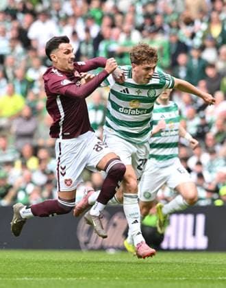 Alexandros Kyziridis of Hearts and Arna Engels of Celtic Celtic v Heart of Midlothian, William Hill Scottish Premiership, Football, Celtic Park, Glasgow, Scotland, UK - 16 May 2026Glasgow Celtic Park United Kingdom EDITORIAL USE ONLY No use with unauthorised audio, video, data, fixture lists, club league logos or live services. Online in-match use limited to 120 images, no video emulation. No use in betting, games or single club league player publications. Copyright: xMarkxRunnacles Shutterstockx 16876830bu