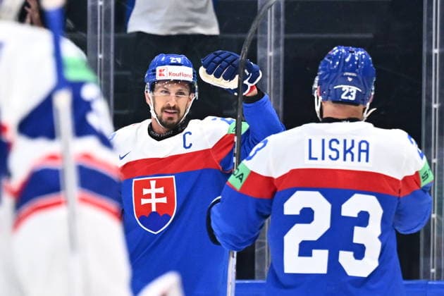 L-R scorer Marek Hrivik (SVK) and Adam Liska (SVK) celebrate second goal (2:1) during the 2026 IIHF World Championship, WM, Weltmeisterschaft Group B, match Slovakia vs Norway, on May 16, 2026, Fribourg, Switzerland. (CTKxPhoto RadekxPetrasek) CTKPhotoP2026051603212  CTKPhotoP2026051603212
