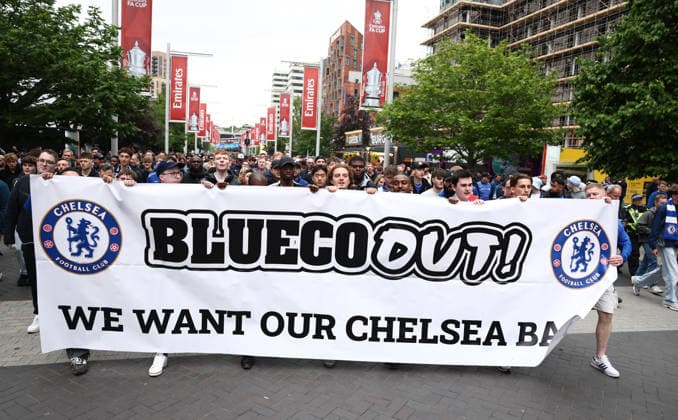 London, England, 16th May 2026. Chelsea fans protest against BlueCo the Chelsea owners before the Chelsea vs Manchester City FA Cup final match at Wembley Stadium, London. Picture credit should read: David Klein Sportimage EDITORIAL USE ONLY. No use with unauthorised audio, video, data, fixture lists, club league logos or live services. Online in-match use limited to 120 images, no video emulation. No use in betting, games or single club league player publications. SPI_009_DK_Chelsea_Manchester_City SPI-4803-0006