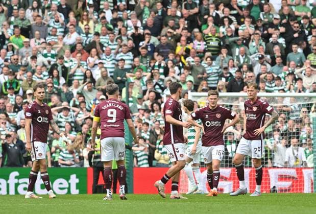 Hearts players react after Celtics second goal Celtic v Heart of Midlothian, William Hill Scottish Premiership, Football, Celtic Park, Glasgow, Scotland, UK - 16 May 2026Glasgow Celtic Park United Kingdom EDITORIAL USE ONLY No use with unauthorised audio, video, data, fixture lists, club league logos or live services. Online in-match use limited to 120 images, no video emulation. No use in betting, games or single club league player publications. Copyright: xMarkxRunnacles Shutterstockx 16876830cw