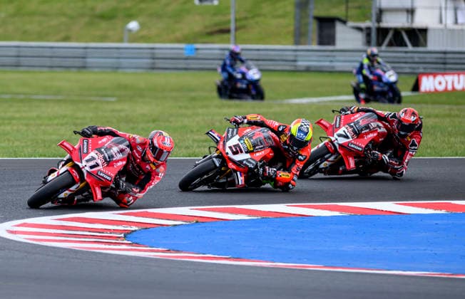 World Superbike Championship - WorldSBK Czech Round 2026, the first superbike race, at Autodrom Most, in Most, Czech Republic, on May 16, 2026. From left, Nicolo Bulega from Italy of the Aruba.It Racing - Ducati team, Yari Montella from Italy of the Barni Spark Racing Team and Iker Lecuona from Spain of the Aruba.It Racing - Ducati team. (CTKxPhoto OndrejxHajek) CTKPhotoP2026051603620  CTKPhotoP2026051603620