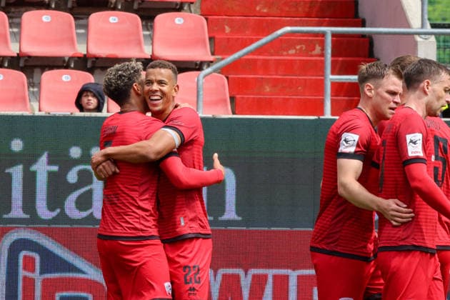 Jubel bei Marcel Costly (FC Ingolstadt 04, Nr.22) nach seinem Treffer Tor zum 2:0 mit Yann Sturm (FC Ingolstadt 04, Nr.7) beim Spiel FC Ingolstadt 04 gegen SV Waldhof Mannheim am 16.05.2026, DFB regulations prohibit any use of photographs as image sequences and or quasi-video. GER, Fussball, 3. Liga, Spieltag 38, FC Ingolstadt 04 gegen SV Waldhof Mannheim, 16.05.2026, Audi Sportpark Ingolstadt Copyright: xEibner-Pressefoto OliverxSTRISCHx EP-OSH