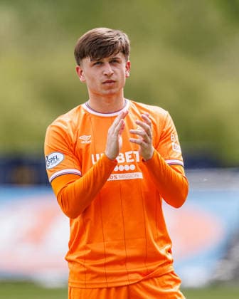 RECORD DATE NOT STATED 16th May 2026; Falkirk Stadium, Falkirk, Scotland; Scottish Premiership Football, Falkirk versus Rangers; Mikey Moore of Rangers applauds Rangers travelling support at full time WMxSportsxMedia
