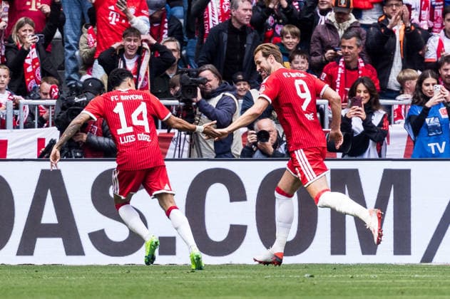 MUNICH, GERMANY - MAY 16: Harry Kane (FC Bayern Muenchen, 9) celebrates scoring the 1:0 goal during the Bundesliga match between FC Bayern Muenchen vs. 1. FC Koeln at Allianz Arena on matchday 34 of the 1. Bundesliga on May 16, 2026 in Munich, Germany. DFL REGULATIONS PROHIBIT ANY USE OF PHOTOGRAPHS AS IMAGE SEQUENCES AND OR QUASI-VIDEO. Bavaria Germany Copyright: xSteffiexWunderlx