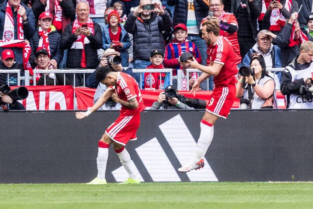 MUNICH, GERMANY - MAY 16: Harry Kane (FC Bayern Muenchen, 9) celebrates scoring the 1:0 goal during the Bundesliga match between FC Bayern Muenchen vs. 1. FC Koeln at Allianz Arena on matchday 34 of the 1. Bundesliga on May 16, 2026 in Munich, Germany. DFL REGULATIONS PROHIBIT ANY USE OF PHOTOGRAPHS AS IMAGE SEQUENCES AND OR QUASI-VIDEO. Bavaria Germany Copyright: xSteffiexWunderlx