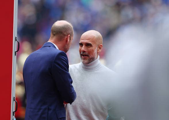 RECORD DATE NOT STATED 16th May 2026; Wembley Stadium, London, England; FA Cup Final Football, Chelsea versus Manchester City; Manchester City manager Pep Guardiola greets Prince William before kick off JPxFletcher