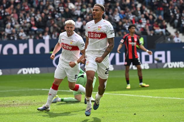 Fußball 1. Bundesliga 34. Spieltag Eintracht Frankfurt - VfB Stuttgart am 16.05.2026 im Deutsche Bank Park in Frankfurt Torjubel zum 0:2 durch Nikolas Nartey ( Stuttgart ) DFL regulations prohibit any use of photographs as image sequences and or quasi-video.