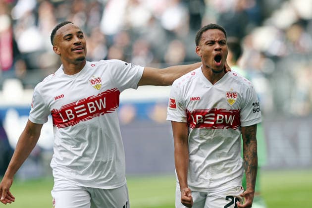 16.05.2026, xovx, Fußball Fußball Bundesliga, Eintracht Frankfurt - VfB Stuttgart v.l. Jamie Leweling (VfB Stuttgart) und Nikolas Nartey (VfB Stuttgart) bejubeln das Tor zum 0:2 (DFL DFB REGULATIONS PROHIBIT ANY USE OF PHOTOGRAPHS as IMAGE SEQUENCES and or QUASI-VIDEO) emspor Frankfurt