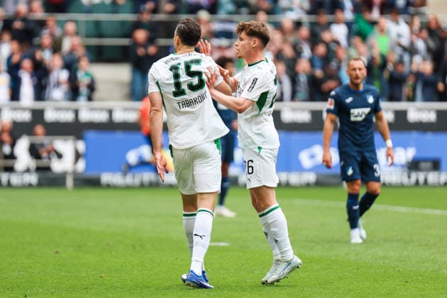 MOENCHENGLADBACH, GERMANY- MAY 16:Haris Tabakovic (Borussia Moenchengladbach, 15) and Lukas Ullrich (Borussia Moenchengladbach, 26) celebrate after Haris Tabakovic (Borussia Moenchengladbach, 15) scores the 2:0 during the Bundesliga match between Borussia Moenchengladbach vs. TSG 1899 Hoffenheim at Borussia-Park on matchday 34 of the 1. Bundesliga on May 16, 2026 in Moenchengladbach, Germany. DFL REGULATIONS PROHIBIT ANY USE OF PHOTOGRAPHS AS IMAGE SEQUENCES AND OR QUASI-VIDEO. Copyright: xNatachaxFreisenx