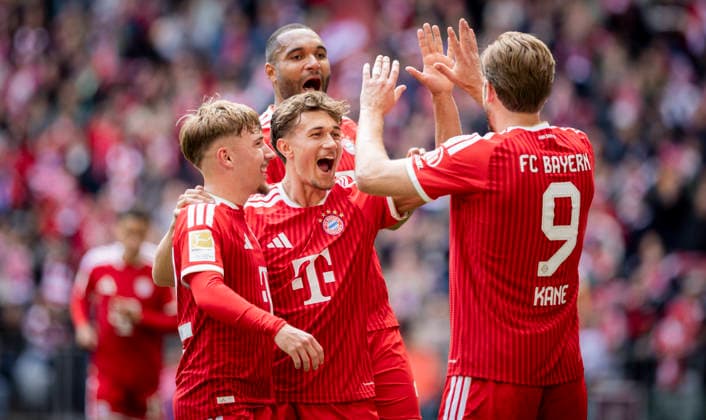 Munich, Germany. 16th Mai 2026.. Goal celebration: Lennart Karl (FCB) Tom Bischof (FCB) Jonathan Tah (FCB) Harry Kane (FCB) FC Bayern München - 1. FC Köln 16.05.2026