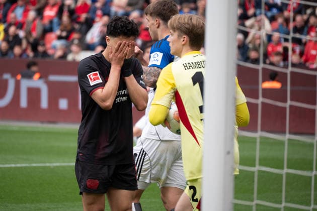 Deutschland: Bundesliga 2025 2026 - Bayer 04 Leverkusen vs Hamburger SV - 34. Spieltag - Bay Arena-Stadion (Leverkusen): enttäuscht, Enttäuschung Ibrahim Maza (Bayer 04 Leverkusen, 30) Copyright: xOrhanxHabashx