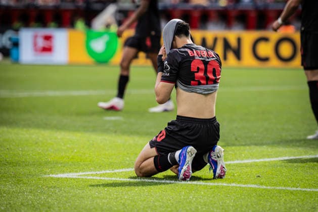 LEVERKUSEN, GERMANY - MAY 16, 2026 : Ibrahim Maza (Bayer 04 Leverkusen, 30) emotional during the German Bundesliga match on gameday 34 between Bayer 04 Leverkusen vs. Hamburger SV at BayArena on May 16, 2026 in Leverkusen, Germany. DFL REGULATIONS PROHIBIT ANY USE OF PHOTOGRAPHS AS IMAGE SEQUENCES AND OR QUASI-VIDEO. Northrhine-Westphalia Germany Copyright: xAxelxKohringx