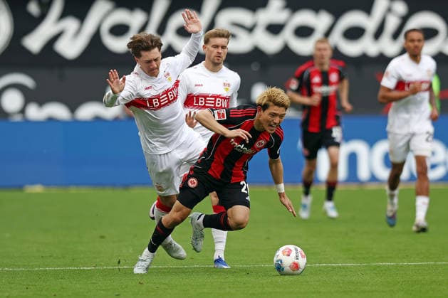 16.05.2026, xovx, Fußball Fußball Bundesliga, Eintracht Frankfurt - VfB Stuttgart v.l. Angelo Stiller (VfB Stuttgart), Maximilian Mittelstädt (VfB Stuttgart), Ritsu Doan (Eintracht Frankfurt) (DFL DFB REGULATIONS PROHIBIT ANY USE OF PHOTOGRAPHS as IMAGE SEQUENCES and or QUASI-VIDEO) emspor Frankfurt