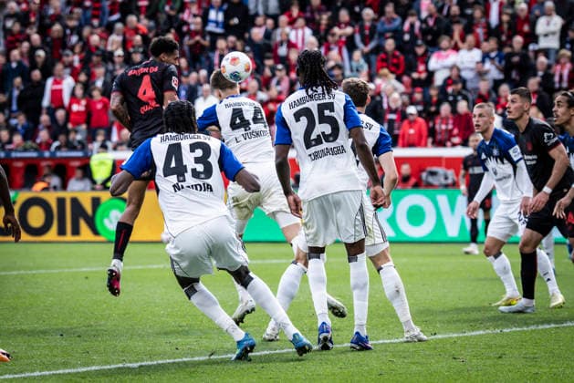 LEVERKUSEN, GERMANY - MAY 16, 2026 : Jarell Quansah (Bayer 04 Leverkusen, 4) heads leading to the 1-1 during the German Bundesliga match on gameday 34 between Bayer 04 Leverkusen vs. Hamburger SV at BayArena on May 16, 2026 in Leverkusen, Germany. DFL REGULATIONS PROHIBIT ANY USE OF PHOTOGRAPHS AS IMAGE SEQUENCES AND OR QUASI-VIDEO. Northrhine-Westphalia Germany Copyright: xAxelxKohringx