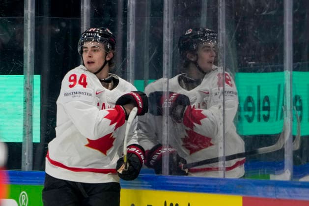 FRIBOURG, SWITZERLAND - MAY 16: Porter Martone of Canada in action during the 2026 IIHF Ice hockey, Eishockey World Championship, WM, Weltmeisterschaft Switzerland game between Italy and Canada at BCF Arena on May 16, 2026 in Fribourg, Fribourg. Fribourg BCF Arena Fribourg Switzerland Copyright: xJustPictures.ch JarixPestelaccix jp-en-EuSpIm-JP6_JAR_Italy_Canada_16May2026_00025