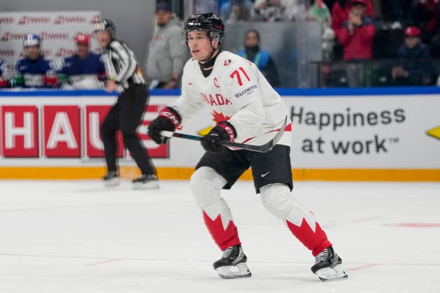 FRIBOURG, SWITZERLAND - MAY 16: Macklin Celebrini of Canada in action during the 2026 IIHF Ice hockey, Eishockey World Championship, WM, Weltmeisterschaft Switzerland game between Italy and Canada at BCF Arena on May 16, 2026 in Fribourg, Fribourg. Fribourg BCF Arena Fribourg Switzerland Copyright: xJustPictures.ch JarixPestelaccix jp-en-EuSpIm-JP6_JAR_Italy_Canada_16May2026_00048