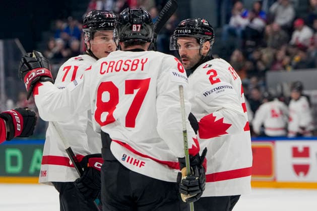 FRIBOURG, SWITZERLAND - MAY 16: Macklin Celebrini of Canada L) celebrated for his goal by Sidney Crosby of Canada C) and Dylan Demelo of Canada R) during the 2026 IIHF Ice hockey, Eishockey World Championship, WM, Weltmeisterschaft Switzerland game between Italy and Canada at BCF Arena on May 16, 2026 in Fribourg, Fribourg. Fribourg BCF Arena Fribourg Switzerland Copyright: xJustPictures.ch JarixPestelaccix jp-en-EuSpIm-JP6_JAR_Italy_Canada_16May2026_00053